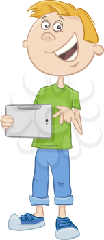 Cartoon Illustration of Teen Boy with Tablet PC