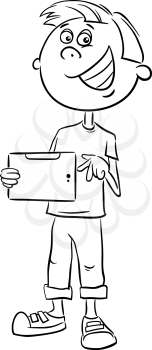 Black and White Cartoon Illustration of Teen Boy with Tablet PC for Coloring Book