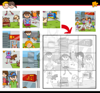 Cartoon Illustration of Education Jigsaw Puzzle Activity for Children with Kids and Dogs in the City