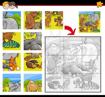 Cartoon Illustration of Education Jigsaw Puzzle Activity for Preschool Children with Animal Characters