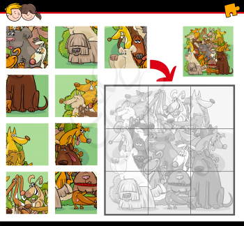 Cartoon Illustration of Education Jigsaw Puzzle Activity Task for Children with Dogs Animal Characters