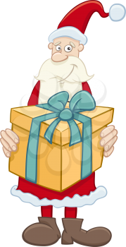 Cartoon Illustration of Santa Claus with Big Christmas Present