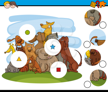 Cartoon Illustration of Educational Match the Elements Activity Game for Children with Dog Characters