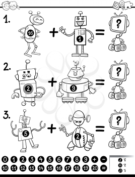 Black and White Cartoon Illustration of Educational Mathematical Activity Game for Children with Robots Coloring Book
