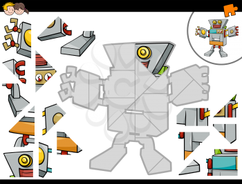 Cartoon Illustration of Educational Jigsaw Puzzle Game for Children with Robot Character
