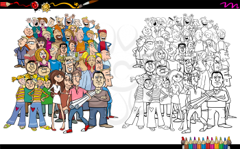 Cartoon Illustration of People in Crowd Coloring Book Activity