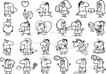 Black and White Cartoon Illustration of Funny People on Valentines Day Time Characters Set Coloring Page