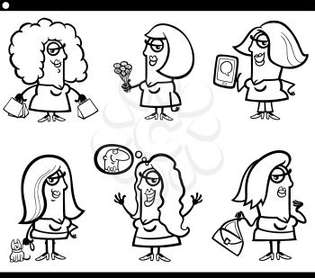 Black and White Cartoon Illustration of Funny Woman Characters Set