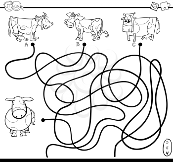 Black and White Cartoon Illustration of Paths or Maze Puzzle Activity Game with Calf and Cow Farm Animal Characters Coloring Page