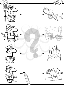 Black and White Cartoon Illustration of Education Picture Matching Game for Children with Animal Characters Coloring Page
