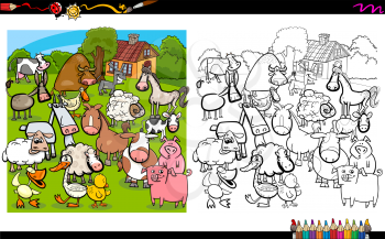 Cartoon Illustration of Farm Animal Characters Coloring Book Activity