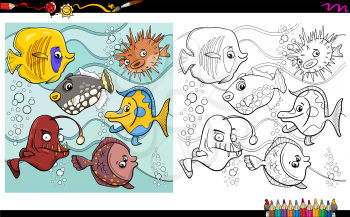 Cartoon Illustration of Fish Sea Life Animal Characters Coloring Book Activity