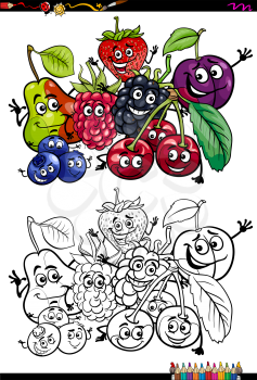 Cartoon Illustration of Fruits Food Characters Coloring Book Activity