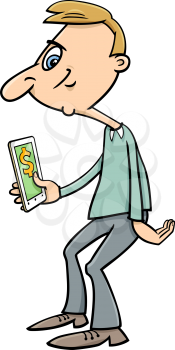 Cartoon Illustration of Man and Virtual Money on his Smart Phone