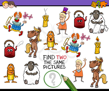 Cartoon Illustration of Find Two Exactly the Same Pictures Educational Activity for Children