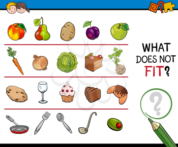 Cartoon Illustration of Finding Improper Image in the Row Educational Activity for Children with Food Objects