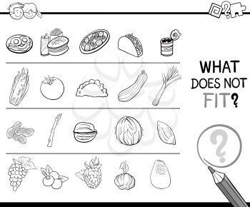 Black and White Cartoon Illustration of Finding Improper Picture in the Row Educational Game for Children with Food Objects Coloring Page