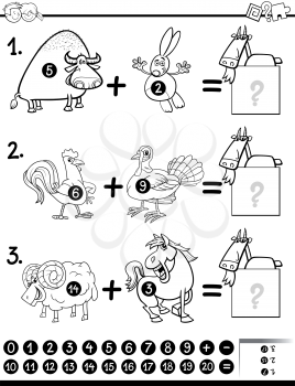 Black and White Cartoon Illustration of Educational Mathematical Addition Activity for Children with Farm Animal Characters Coloring Page