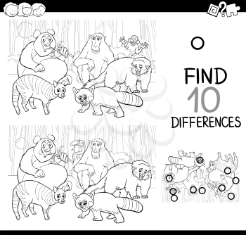 Black and White Cartoon Illustration of Finding Differences Educational Activity for Children with Dog Characters for Coloring