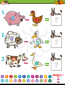 Cartoon Illustration of Educational Mathematical Subtraction Activity Game for Children with Farm Animal Characters