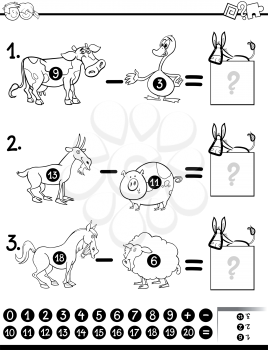 Black and White Cartoon Illustration of Educational Mathematical Subtraction Activity for Children with Farm Animal Characters Coloring Page