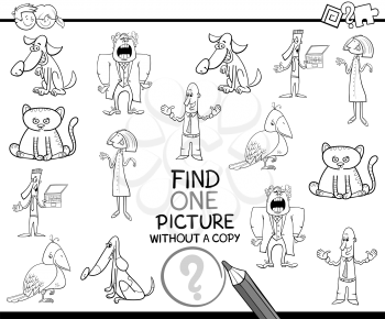 Black and White Cartoon Illustration of Educational Activity of Finding Single Image for Children Coloring Page
