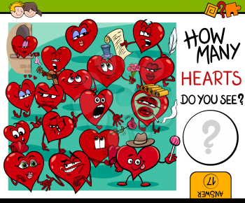 Cartoon Illustration of Educational Counting Activity for Children with Hearts in Love Valentines Day Characters