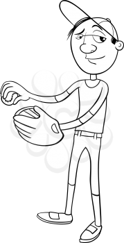 Black and White Cartoon Illustration of Pitcher Baseball Player Character with Glove and Ball Coloring Page