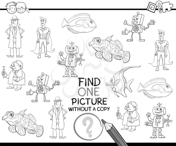Black and White Cartoon Illustration of Educational Activity of Finding Single Picture Without a Pair for Children Coloring Page
