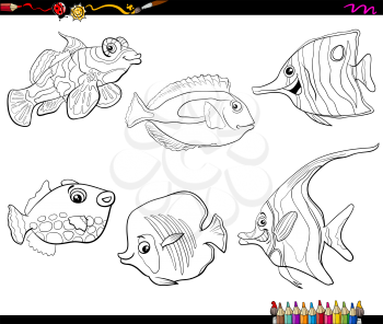 Black and White Cartoon Illustration of Tropical Fish Sea Life Animal Characters Set Coloring Page