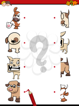 Cartoon Illustration of Educational Game of Matching Halves with Puppy Animal Characters