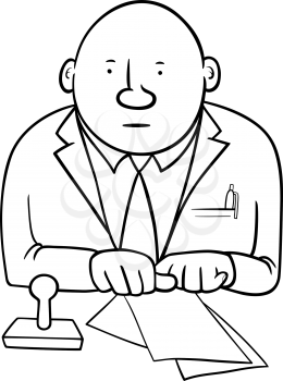 Black and White Cartoon Illustration of Official or Clerk Character with Documents and Stamp