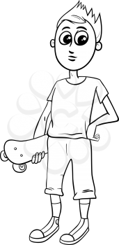 Black and White Cartoon Illustration of Teen Boy with Skateboard Coloring Page