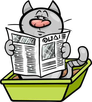 Cartoon Illustration of Cat Reading a Newspaper in his Litter Box