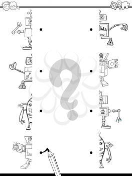 Black and White Cartoon Illustration of Educational Activity of Matching Halves with Robot Characters Coloring Page