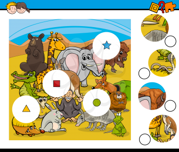 Cartoon Illustration of Educational Match the Elements Activity for Children with Wild Animal Characters