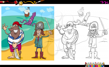 Cartoon Illustration of Pirate Characters on Treasure Island Coloring Book Activity