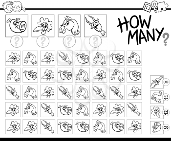 Black and White Cartoon Illustration of Educational Counting Game for Children with Farm Animal Characters Coloring Page