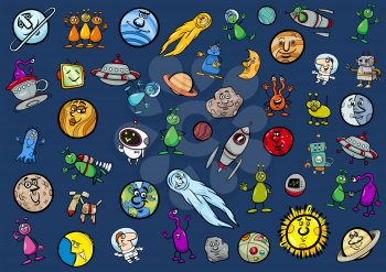 Cartoon Illustration of Space Objects and Fantasy Characters Set