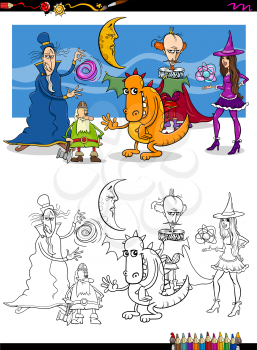 Cartoon Illustration of Fantasy or Fairy Tale Characters Coloring Book Activity