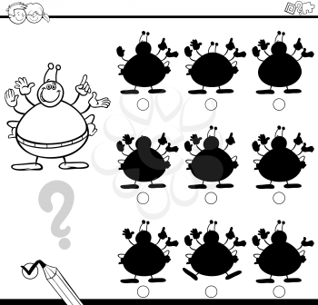 Black and White Cartoon Illustration of Find the Shadow without Differences Educational Activity for Children with Alien Fantasy Character Coloring Page