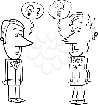 Black and White Concept Cartoon Illustration of Stressed or Frustrated Businessman talking to Manager