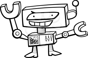Black and White Cartoon Illustration of Funny Robot Science Fiction Character Coloring Page