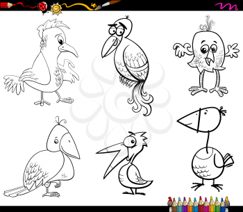 Black and White Cartoon Illustration of Fantasy Birds Animal Characters Set Coloring Page