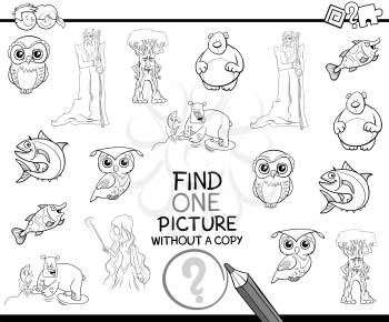 Black and White Cartoon Illustration of Educational Game of Finding Single Picture for Preschool Kids Coloring Page