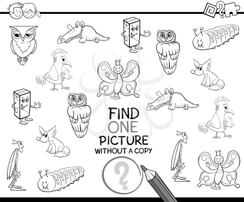 Black and White Cartoon Illustration of Educational Game of Finding Single Picture for Preschool Children Coloring Page