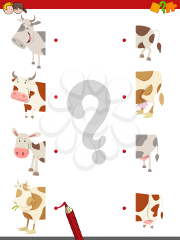 Cartoon Illustration of Educational Matching Halves Game with Cows Farm Animal Characters