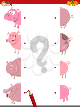 Cartoon Illustration of Educational Matching Halves Game with Pigs Farm Animal Characters