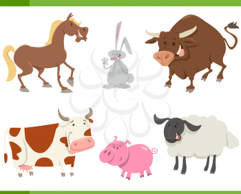 Cartoon Illustration of Cute Farm Animals Set