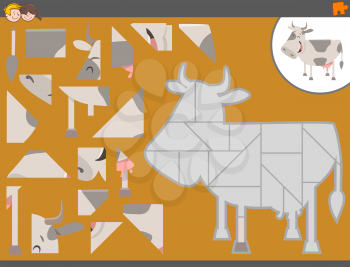 Cartoon Illustration of Educational Jigsaw Puzzle Game for Children with Cow Animal Character